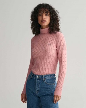 Gant Stretch Cotton Cable Knit Turtleneck Women's Sweater Pink Blush | UYBCN-7109