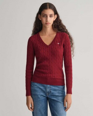 Gant Stretch Cotton Cable Knit V-Neck Women's Sweater Plumped Red | VMUPZ-4756