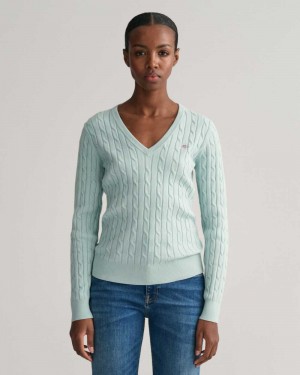 Gant Stretch Cotton Cable Knit V-Neck Women's Sweater Dusty Turquoise | POYGN-6154