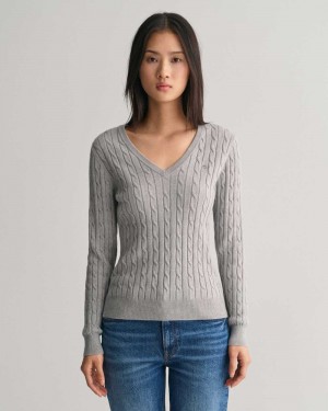 Gant Stretch Cotton Cable Knit V-Neck Women's Sweater Mid Grey | RQXDZ-0295