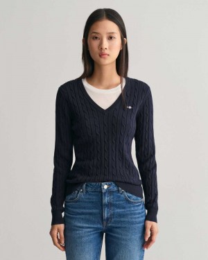 Gant Stretch Cotton Cable Knit V-Neck Women's Sweater Evening Blue | KJAZD-6482