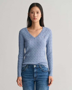 Gant Stretch Cotton Cable Knit V-Neck Women's Sweater Crystal Blue | JOVXY-9145