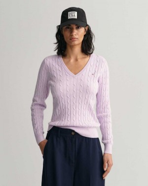 Gant Stretch Cotton Cable Knit V-Neck Women's Sweater Soothing Lilac | RHMGA-1589