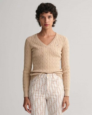 Gant Stretch Cotton Cable Knit V-Neck Women's Sweater Dry Sand | STFDJ-2481