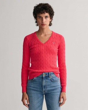 Gant Stretch Cotton Cable Knit V-Neck Women's Sweater Magenta Pink | DXCNV-8214