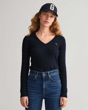 Gant Stretch Cotton Cable V-Neck Women's Sweater Evening Blue | HJWFO-0249