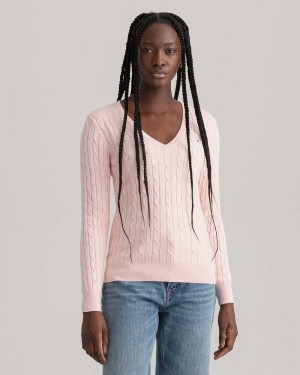 Gant Stretch Cotton Cable V-Neck Women's Sweater Light Pink Melange | QWNRU-3156