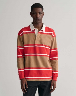 Gant Striped Heavy Rugger Men's Shirts Warm Khaki | YOPDU-4896