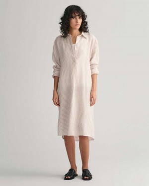 Gant Striped Linen Shirt Women's Dress Horn Beige | XLUKS-7492