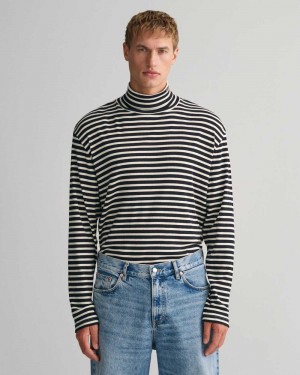 Gant Striped Long Sleeve Turtleneck Men's T-Shirt Black | QOGKJ-6415