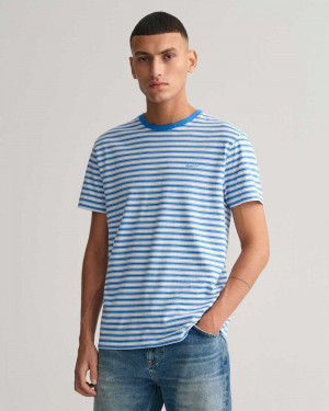 Gant Striped Men's T-Shirt Day Blue | FIBQV-5917