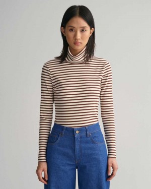 Gant Striped Rib Long Sleeve Turtleneck Women's T-Shirt Weathered Brown | MDWSR-2687