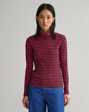 Gant Striped Rib Long Sleeve Turtleneck Women's T-Shirt Rich Red | DXZBP-6485