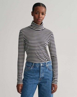 Gant Striped Rib Long Sleeve Turtleneck Women's T-Shirt Evening Blue | AROVN-3276