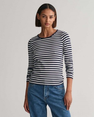 Gant Striped Rib Long Sleeve Women's T-Shirt Evening Blue | NXRLH-4539