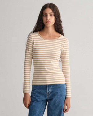 Gant Striped Rib Long Sleeve Women's T-Shirt Dark Khaki | GISLV-5680