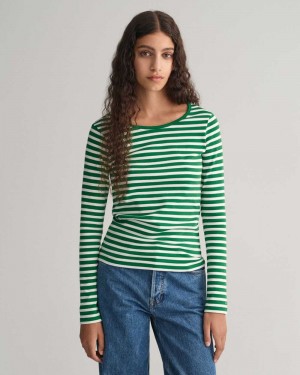 Gant Striped Rib Long Sleeve Women's T-Shirt Lavish Green | XZVJT-4367