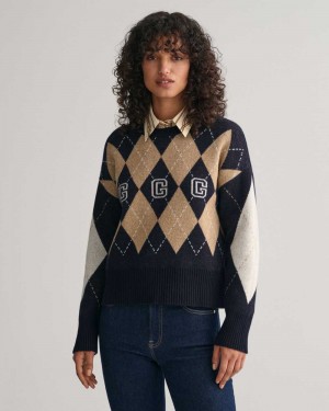 Gant Superfine Argyle Crew Neck Men's Sweater Evening Blue | PMGQH-9318