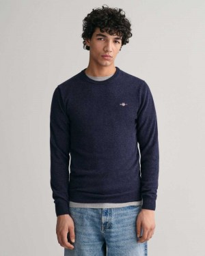 Gant Superfine Lambswool Crew Neck Men's Sweater Dark Navy Melange | BAQCU-7230