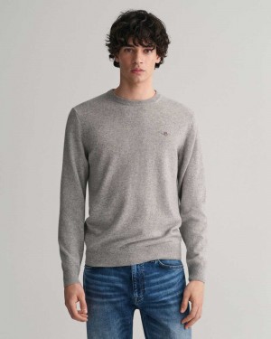 Gant Superfine Lambswool Crew Neck Men's Sweater Grey Melange | TFCLJ-1972