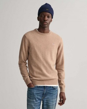 Gant Superfine Lambswool Crew Neck Men's Sweater Dk Sand Melange | MZQOL-0725