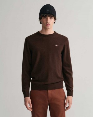 Gant Superfine Lambswool Crew Neck Men's Sweater Dark Brown Melange | COHMA-9832