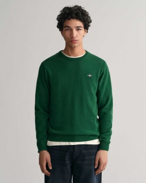 Gant Superfine Lambswool Crew Neck Men's Sweater Forest Green | RYCQU-5230