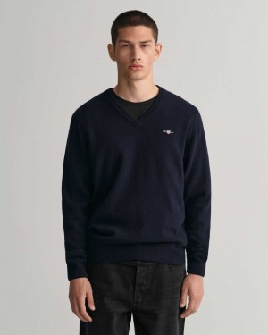 Gant Superfine Lambswool V-Neck Men's Sweater Marine | ZINFM-0815