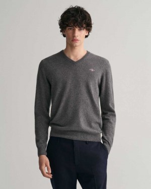 Gant Superfine Lambswool V-Neck Men's Sweater Charcoal Melange | ADXWP-0285