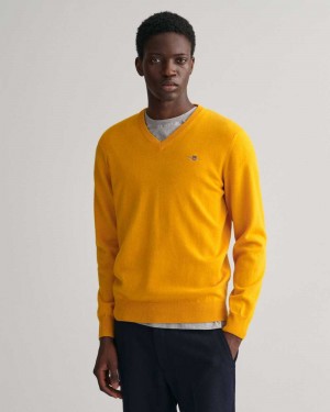 Gant Superfine Lambswool V-Neck Men's Sweater Sunflower Yellow | TICVE-8293