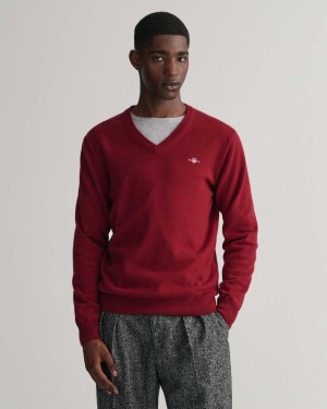 Gant Superfine Lambswool V-Neck Men's Sweater Port Red | WUFNL-5762