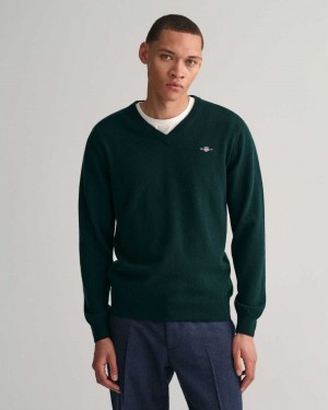 Gant Superfine Lambswool V-Neck Men's Sweater Tartan Green | CABIT-4385