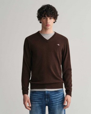 Gant Superfine Lambswool V-Neck Men's Sweater Dark Brown Melange | WFCVL-3871