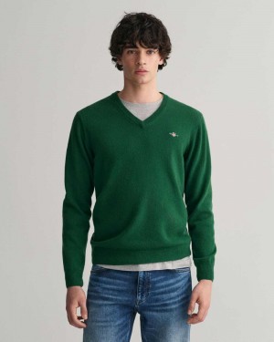 Gant Superfine Lambswool V-Neck Men's Sweater Forest Green | JQAWL-8063