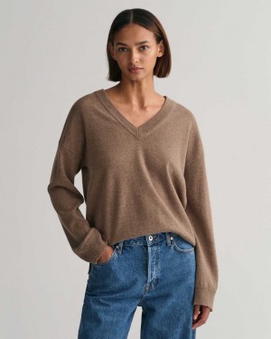 Gant Superfine Lambswool V-Neck Women's Sweater Mole Brown | CESZB-2684