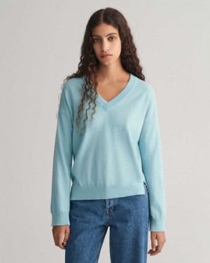 Gant Superfine Lambswool V-Neck Women's Sweater Dusty Turquoise | ACHBP-9143