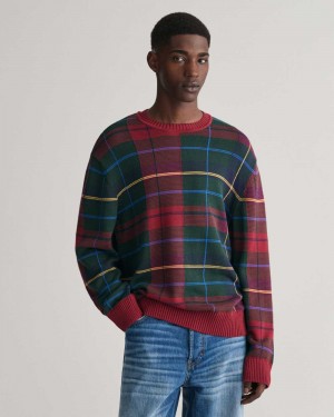 Gant Tartan Jacquard Crew Neck Men's Sweater Plumped Red | DYPVZ-8051