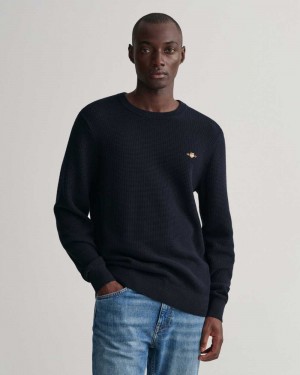 Gant Textured Cotton Crew Neck Men's Sweater Evening Blue | MYBLT-0637