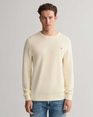 Gant Textured Cotton Crew Neck Men's Sweater Cream | JSOKI-8742