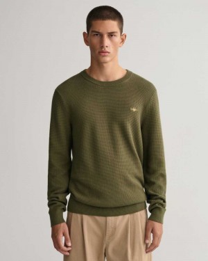 Gant Textured Cotton Crew Neck Men's Sweater Racing Green | SWEUX-1495