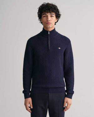 Gant Textured Cotton Half-Zip Men's Sweater Evening Blue | EXIKQ-7328