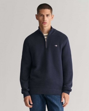 Gant Textured Cotton Half-Zip Men's Sweater Evening Blue | VEBCZ-3109