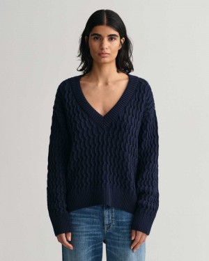 Gant Textured Cotton V-Neck Women's Sweater Evening Blue | SQNMA-2386