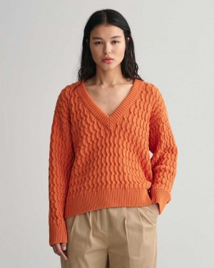 Gant Textured Cotton V-Neck Women's Sweater Pumpkin Orange | MRGBH-3140