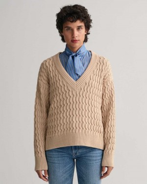 Gant Textured Cotton V-Neck Women's Sweater Dry Sand | SUQHY-9247