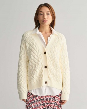 Gant Textured Cotton Women's Cardigan Cream | NUCFJ-1382