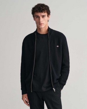 Gant Textured Cotton Zip Men's Cardigan Black | NYLZX-2918