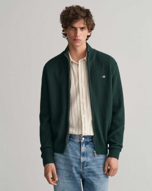 Gant Textured Cotton Zip Men's Cardigan Tartan Green | IAPVF-5807