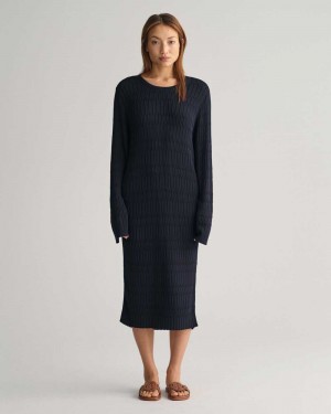 Gant Textured Knit Women's Dress Evening Blue | WEXTV-6923