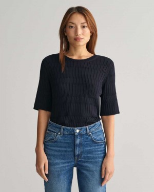 Gant Textured Short Sleeve Crew Neck Women's Sweater Evening Blue | IYCWH-4586